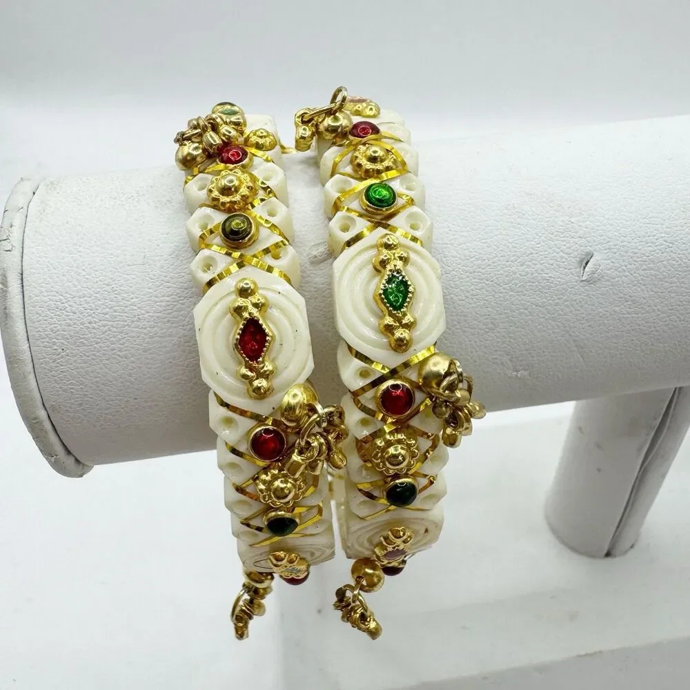 Traditional Indian Bridal Bangle Bracelets White Gold  Colorful Accents Set If 2